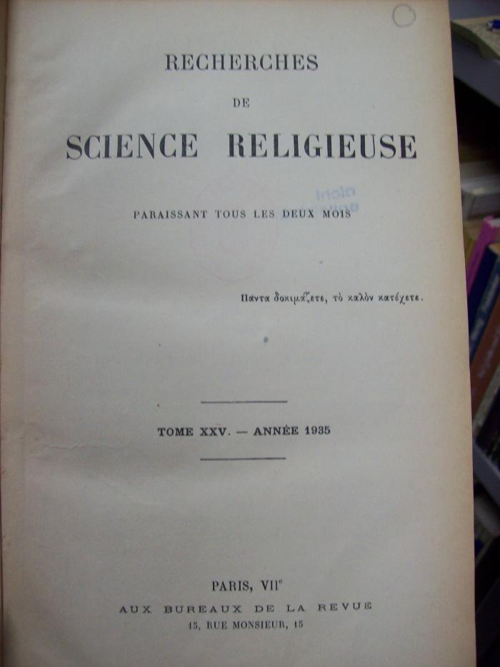 Ua 357 25 1935: Recherches de Science Religieuse (1935)