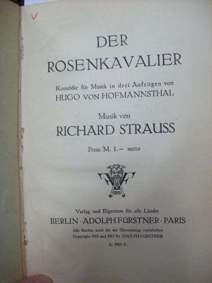 IV 15682 4.Ex.: Der Rosenkavalier : Komödie in drei Aufzügen (1911)