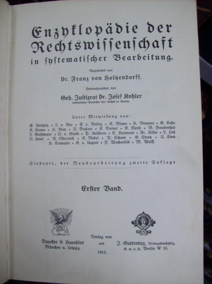 V 226 g 1, 2. Ex. : Enzyklopädie der Rechtswissenschaft in systematischer Bearbeitung (1915)