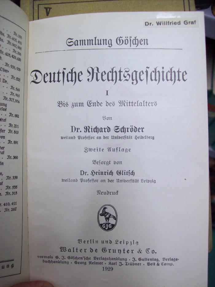 V 614 b, 1; 2. Ex. und b 2, 2. Ex. : Deutsche Rechtsgeschichte I : bis zum Ende des Mittelalters (1929)