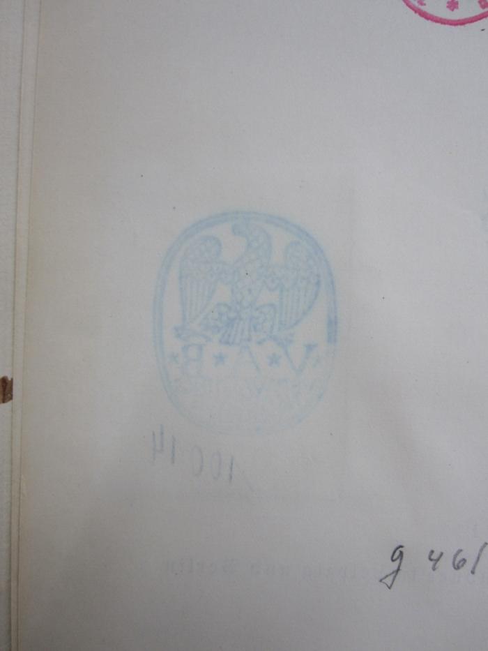 Pc 215 2.Ex.: Politik und Pädagogik im Ausland (1931);G46 / 1940 (Verwaltungsakademie (Berlin) ), Stempel: Name, Signatur, Abbildung; '*V*A*B*
[Verwaltungsakademie Berlin]
[10014]'. 