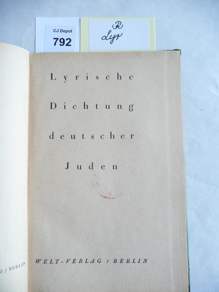 R Lyr: Lyrische Dichtung deutscher Juden. (1920)