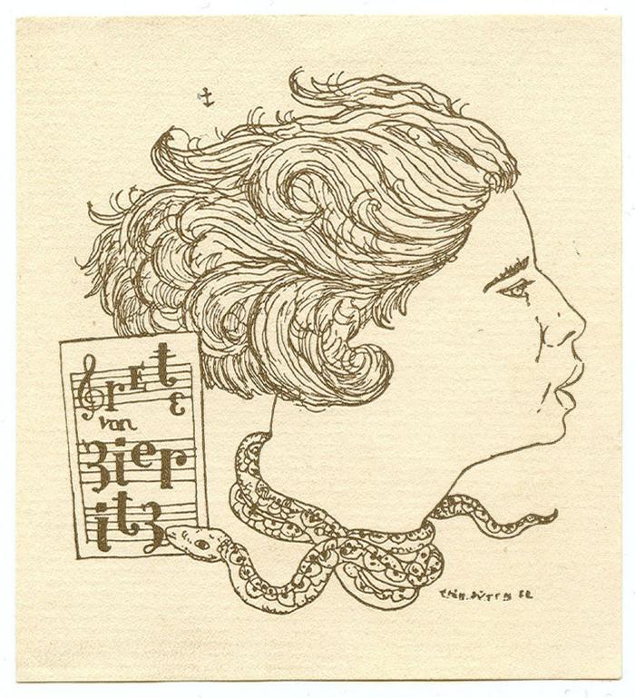 Exlibris-Nr.  459;- (Zieritz, Grete von), Etikett: Exlibris, Portrait, Name; 'Grete von Zieritz
Erich Büttner'.  (Prototyp)