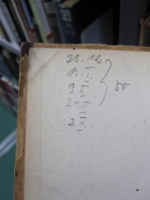 Sa 109 ao: Kleine Phonetik des deutschen, englischen und französischen (1915);G46 / 2267 (unbekannt;Schultze, Walter), Von Hand: Annotation, Nummer; '23. 12.
13. I.
3. II.
24. II.
2. II. 
} 50'. 