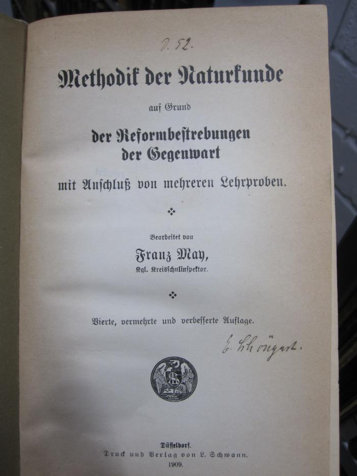 Pe 1316 d: Methodik der Naturkunde auf Grund der Reformbestrebungen der Gegenwart mit Anschluß von mehreren Lehrproben (1909)