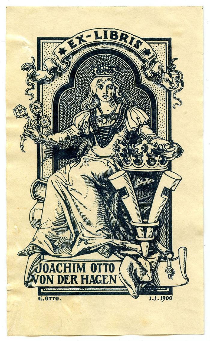 Exlibris-Nr.  454;- (Hagen, Joachim Otto von der), Etikett: Exlibris, Name, Datum, Abbildung; 'Ex-Libris
Joachim Otto von der Hagen
G.Otto. 1.1.1900'.  (Prototyp)