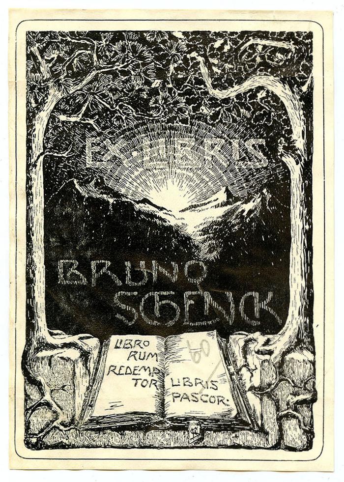 Exlibris-Nr.  460;- (Schenck, Bruno), Etikett: Exlibris, Name, Motto, Abbildung; 'Ex-Libris
Bruno Schenk
Librorum redemptor libris pascor'.  (Prototyp)