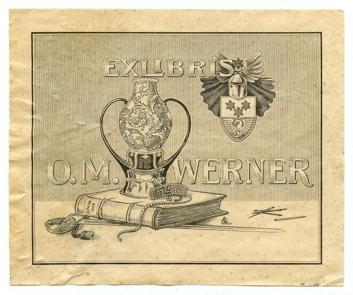 Exlibris-Nr.  469;- (Werner, O. M.), Etikett: Exlibris, Wappen, Name, Abbildung; 'Exlibris
O. M. Werner
OMW 1909'.  (Prototyp)