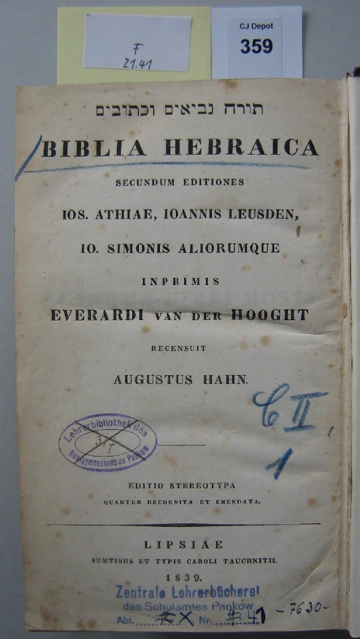 F 21 41: Tora nevi'im u-ktuvim : Biblia Hebraica  (1839)