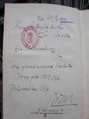 G46 / 3477 (Schultz-Merzdorf, Fritz), Von Hand: Name, Datum, Widmung; 'Herrn Rittergutsbesitzer Dr. Schultz.
Zur Erinnerung an die gemeinsame Arbeit
Kriegsjahr 1915/16
Weihnachten 1916
[....]'. 