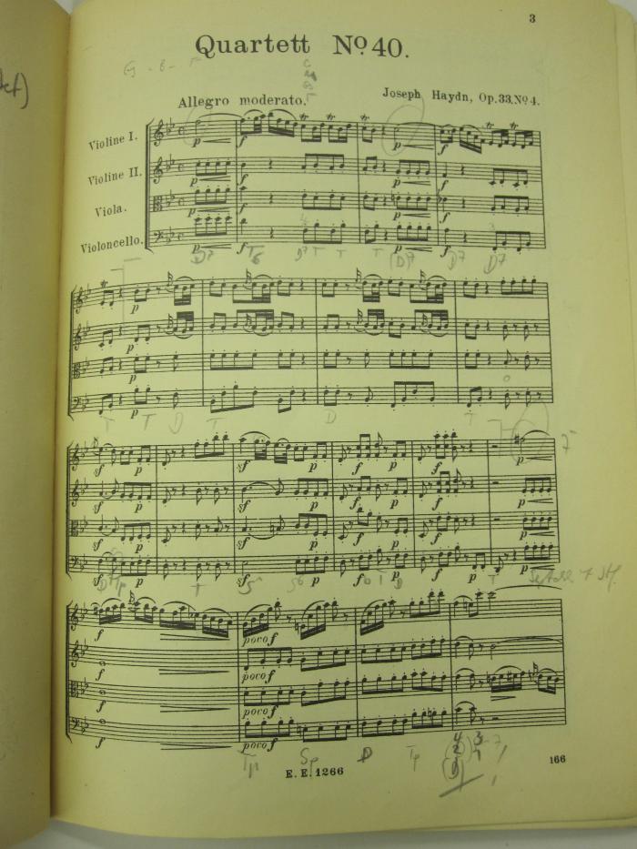 Vi 207: Quartett No. 40 B-dur für 2 Violinen, Viola und Violoncell ; Op. 33, No. 4 (o.J.);J / 971 (unbekannt), Von Hand: Annotation, Annotation. 