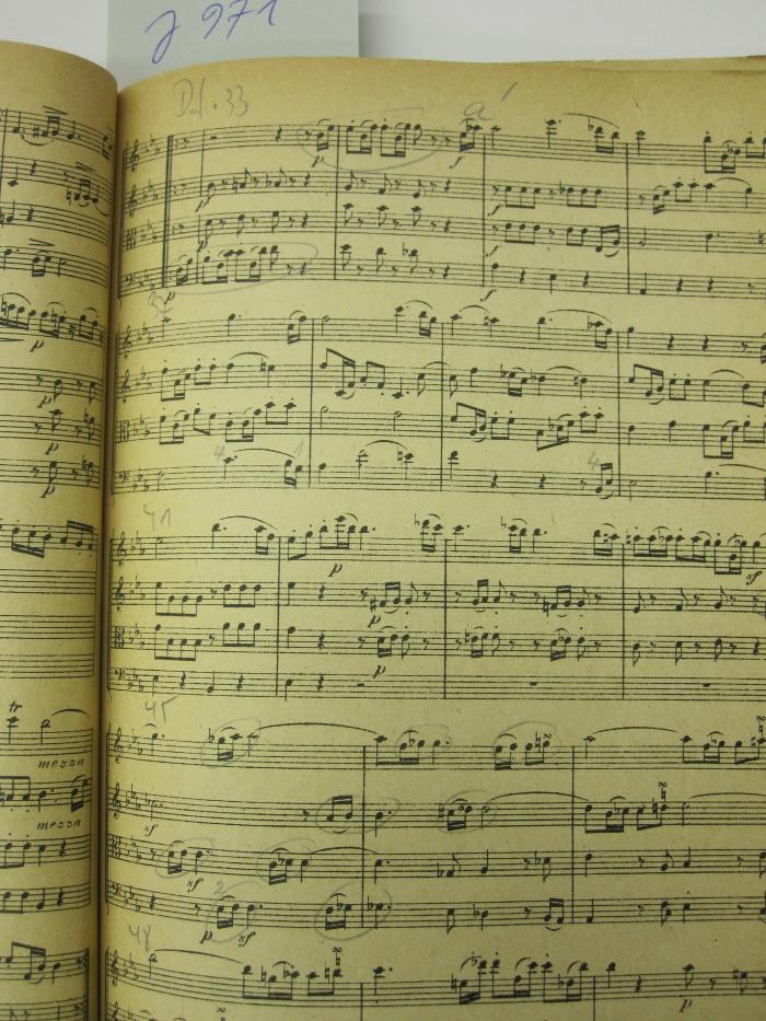Vi 213: Quartett No. 38 Es-dur für 2 Violinen, Viola und Violoncell ; Op. 33, No. 2 (o.J.);J / 971 (unbekannt), Von Hand: Annotation, Annotation. 