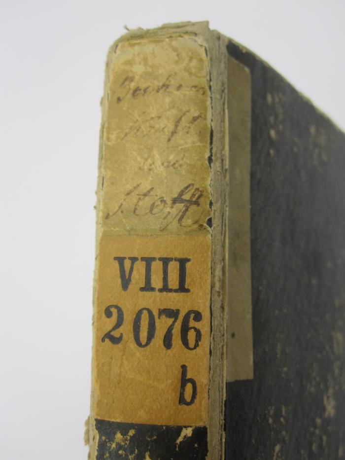 VIII 2076 b: Kraft und Stoff : empirisch-naturphilosophische Studien ; in allgemein-verständlicher Darstellung (1856);G46 / 586 (unbekannt), Etikett: Autor; 'Büchner
Kraft
und 
Stoff'. 