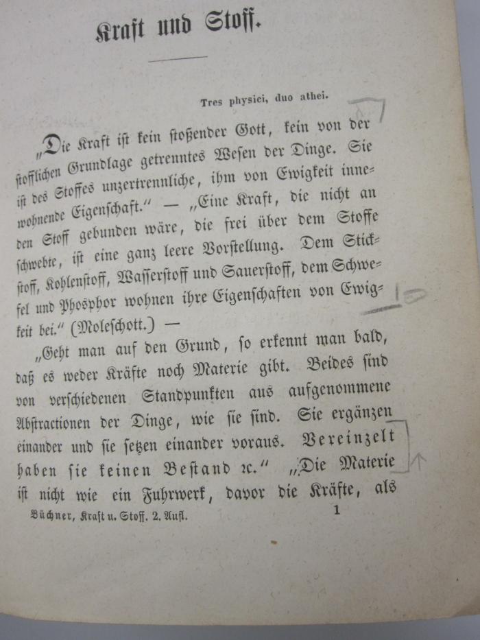 VIII 2076 b: Kraft und Stoff : empirisch-naturphilosophische Studien ; in allgemein-verständlicher Darstellung (1856);G46 / 586 (Sachs, Louis), Von Hand: Annotation. 