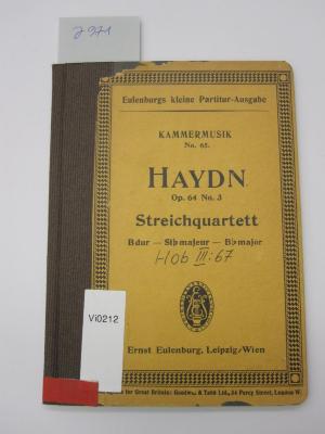 Vi 212: Quartett No. 65 B-dur für 2 Violinen, Viola und Violoncell ; Op. 64, No. 3 (o.J.)