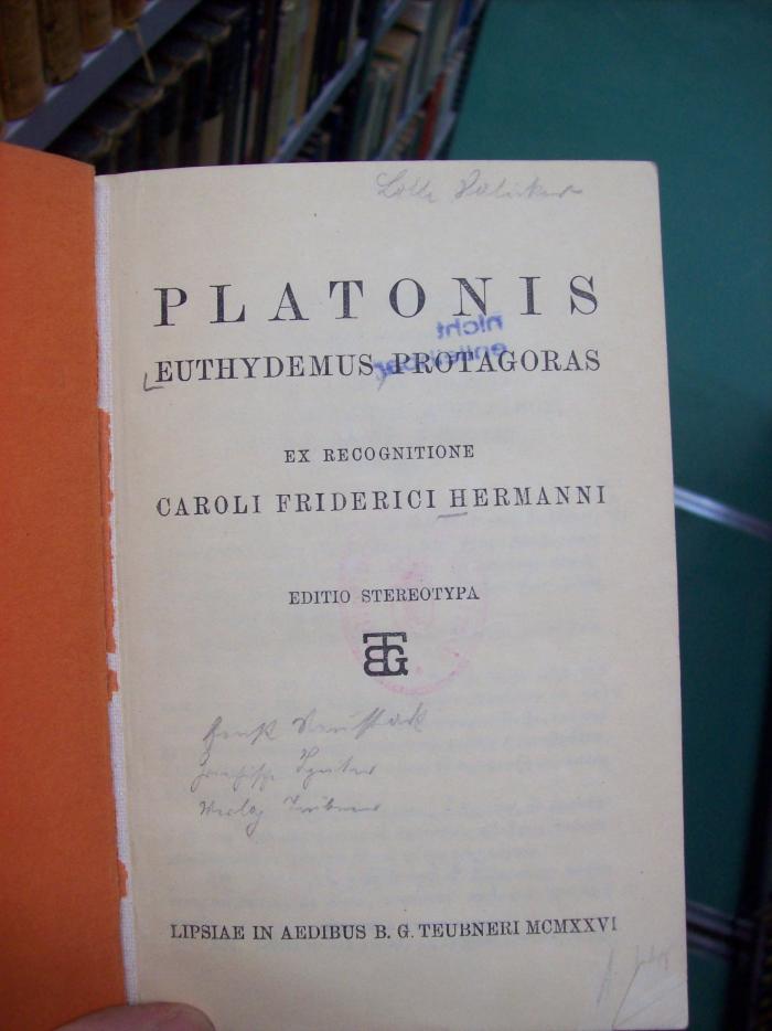 Hk 402: [Euthydemus protagoras] Platonis euthydemus protagoras (1926)