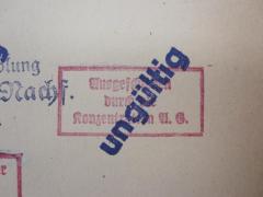 - (Konzentration AG (Berlin)), Stempel: Besitzwechsel: makuliert, Name; 'Ausgeschieden durch die Konzentration A.G.'.  (Prototyp)