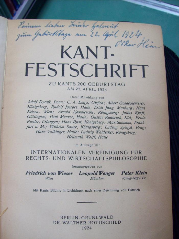 Hl 122 2.Ex.: Kant-Festschrift zu Kants 200. Geburtstag am 22. April 1924 (1924)