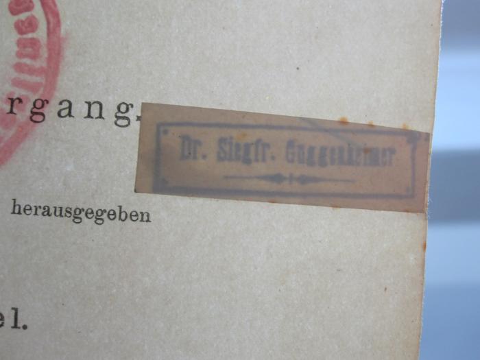 X 1345 4 1902 Ers.: Verhandlungen der Deutschen Physikalischen Gesellschaft im Jahre 1902 (1902);G46 / 890 (Guggenheimer, Siegfried (1875-1938);Guggenheimer, Heinrich), Stempel: Name; 'Dr. Siegfr. Guggenheimer'. 