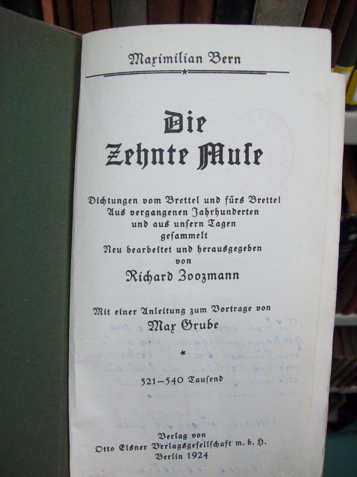 III 3976 1924 1: Die Zehnte Muse : Dichtungen vom Brettel und fürs Brettel : Aus vergangenen Jahrhunderten und aus unseren Tagen (1924)