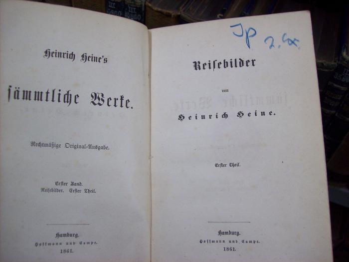III 35855: Heinrich Heine's sämmtliche Werke (1861);G46 / 3451 (unbekannt), Von Hand: Exemplarnummer, Notiz; 'Jp 2. Ex.'. 