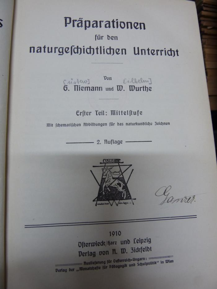 XV 14311 b 1: Präparationen für den naturgeschichtlichen Unterricht. Erster Teil: Mittelstufe (1910)