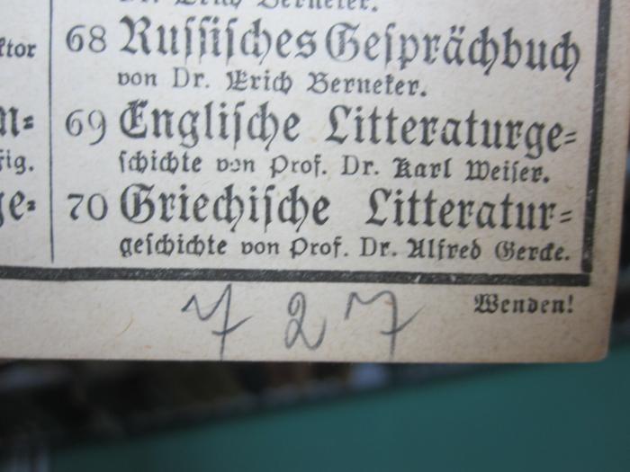 IX 156 1898: Vierstellige Tafeln und Gegentafeln für logarithmisches und trigonometrisches Rechnen (1898);G45 / 2729 (Fricke, Wilhelm), Von Hand: Exemplarnummer; '727'. 