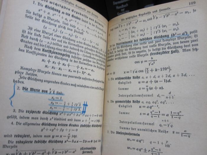 IX 190 d 2: Arithmetik und Algebra zum Selbstunterricht : zweiter Teil: Gleichungen, Arithmetische und geometrische Reihen, Zinseszins und Rentenrechnung, Komplexe Zahlen, Binomischer Lehrsatz (1918);G46 / 3459 (unbekannt), Von Hand: Annotation. 