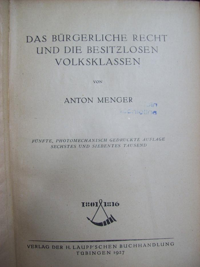 V 896 e: Das Bürgerliche Recht und die besitzlosen Volksklassen (1927)