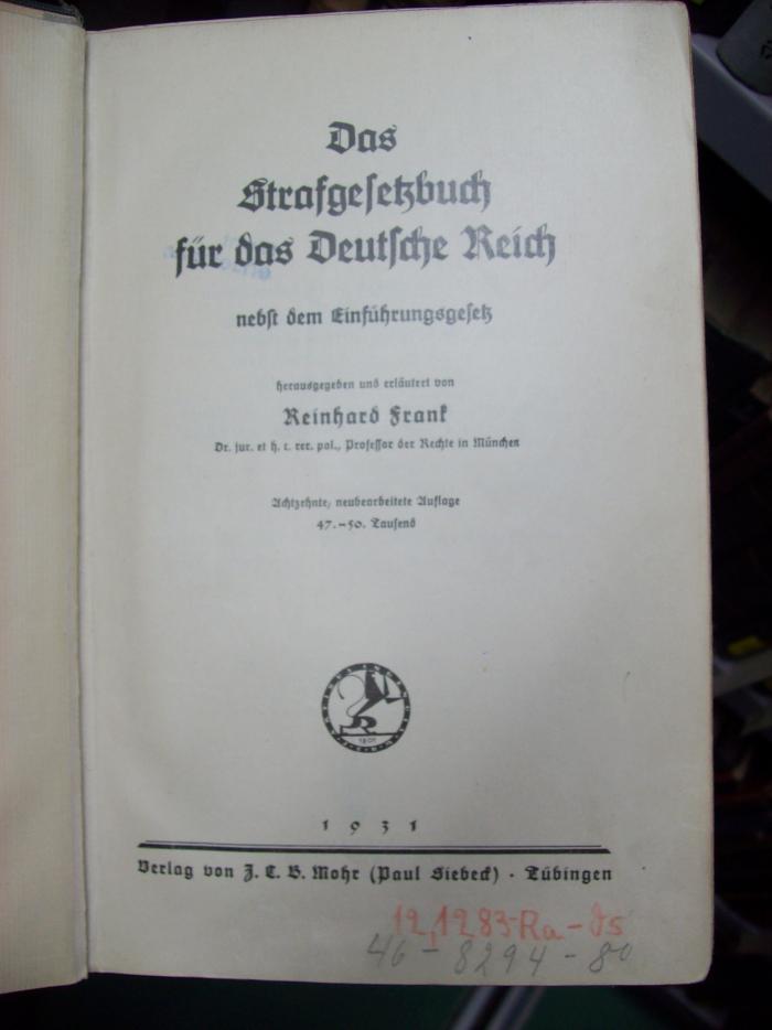 V 2076 ah 1931: Das Strafgesetzbuch für das Deutsche Reich (1931)