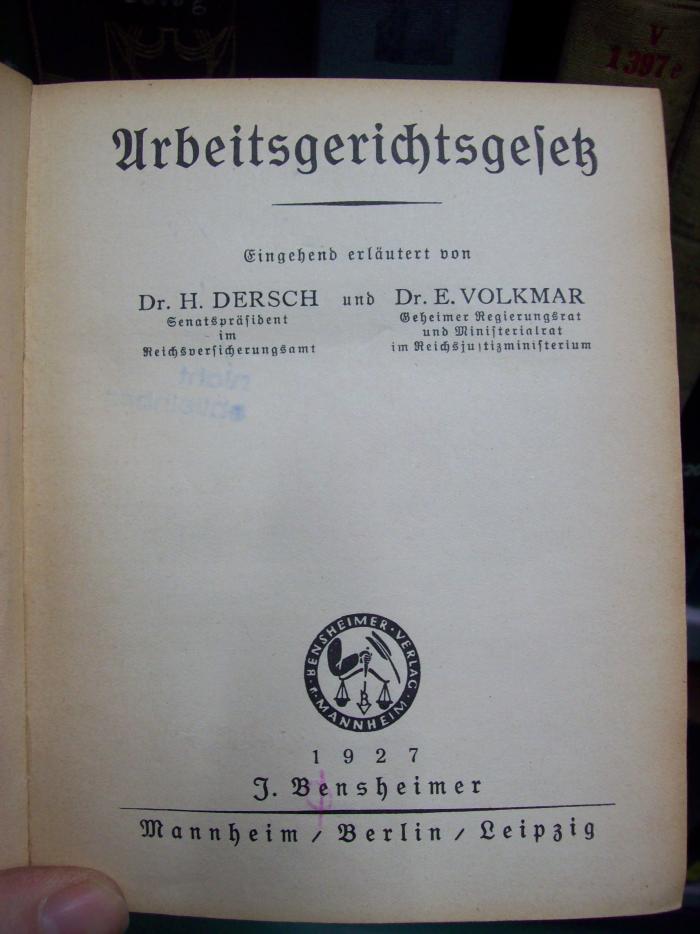 V 1619 2.Ex.: Arbeitsgerichtsgesetz (1927)