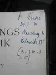 G45 / 2977 (Fricke, Wilhelm), Von Hand: Name, Ortsangabe, Datum; 'Dr Fricke
27.I.34
Hamburg 30
Hoheweide 88 III
[21.3.34 ✓)
L[..]]'. 