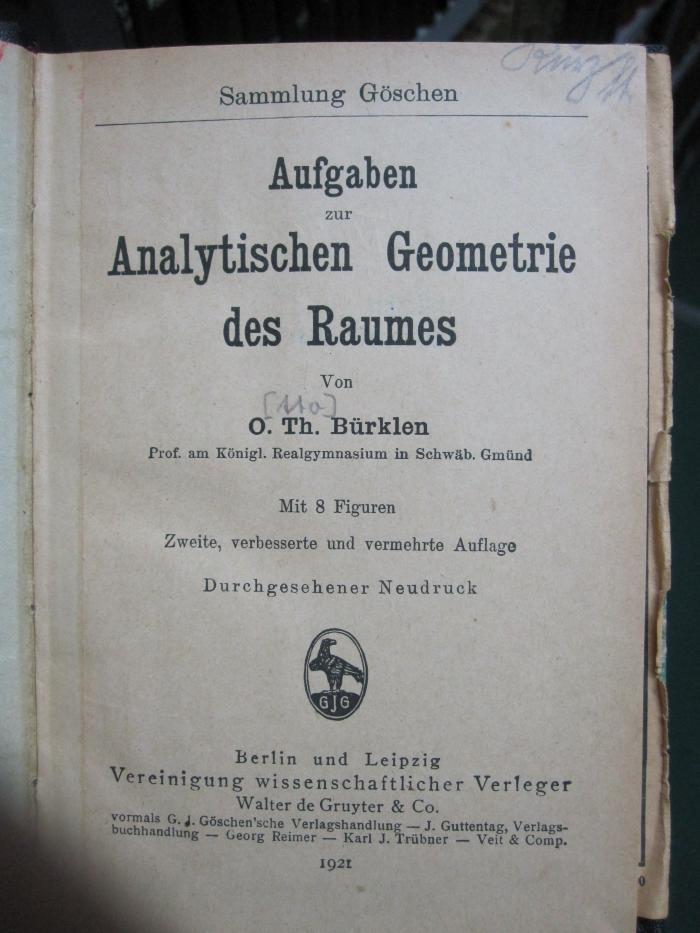 IX 463 b 1921: Aufgaben zur Analytischen Geometrie des Raumes (1921)