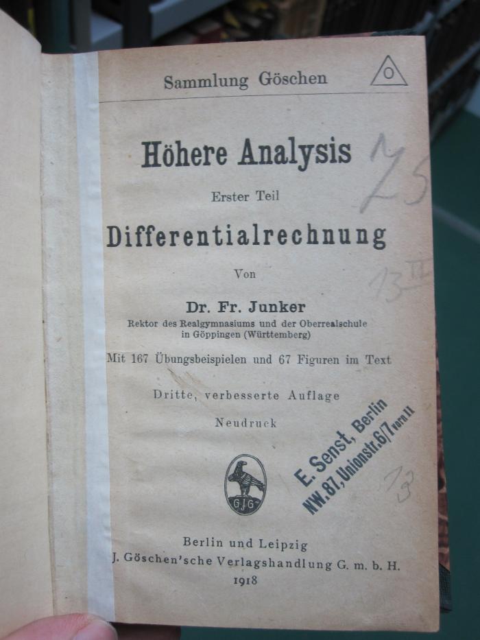 IX 346 c 1 1918/20: Höhere Analysis : erster Teil: Differentialrechnung (1918)