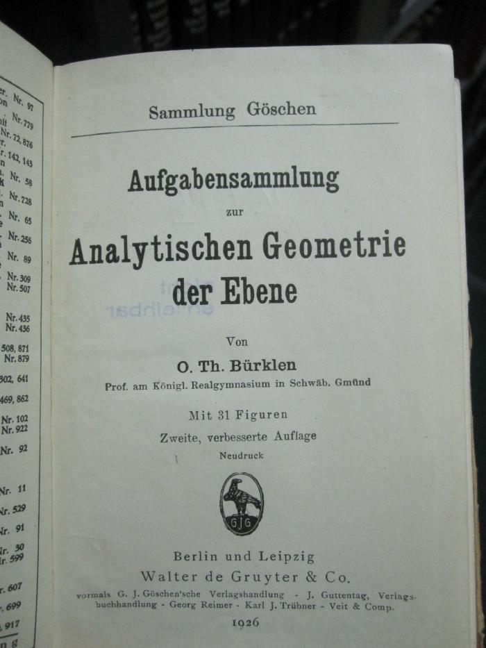 IX 460 b 2.Ex.: Aufgabensammlung zur Analytischen Geometrie der Ebene (1926)