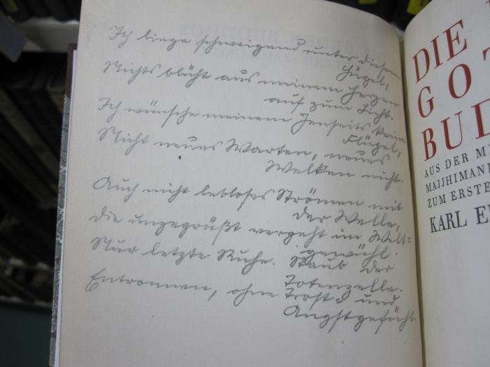 I 74817 c 1 2.Ex.: Die Reden Gotamo Buddhos : aus der mittleren Sammlung Majjhimanikayo des Pali-Kanons (1922);G46 / 1224 (unbekannt), Von Hand: Motto, Name, Widmung; 'Ich liege schweigend unter diesem Hügel,<br />
Nichts blüht aus meinem Herzen auf zum Licht.<br />
Ich wünsche meinem Jenseits keine Flügel,<br />
Nicht neues Warten, neues Welken nicht.<br /><br />
Auch nicht lebloses Strömen mit der Welle,<br />
die ungegrüßt vergeht im Weltgewühl.<br />
Nur letzte Ruhe. Staub der Totenzelle.<br />
Entronnen, ohne Trost- und Angstgefühl.<br /><br />
M. Hermann Neiße[.]'. 