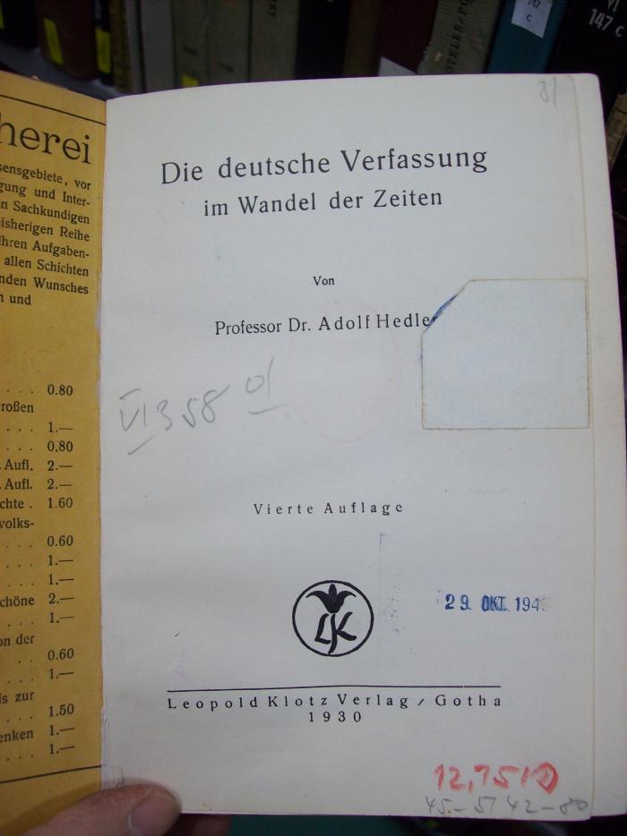 VI 358 d, 2. Ex. : Die deutsche Verfassung im Wandel der Zeiten (1930)