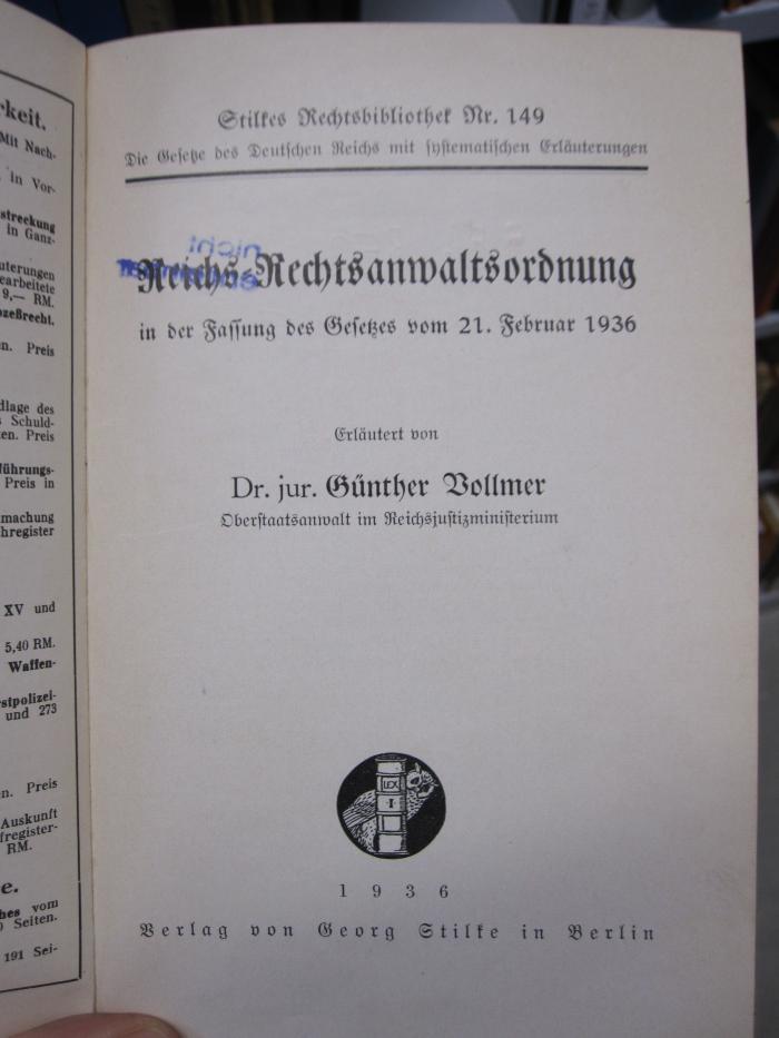 Eh 352: Neue Rechtsanwaltsordnung in der Fassung des Gesetzes vom 21. Februar 1936 (1936)