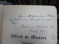 G45 / 2352 (Bern, Maximilian;Hahn, Martin), Von Hand: Name, Ortsangabe, Datum, Widmung; 'Herrn Maximilian Bern in Erinnerung alter freundlicher Tage.
Berlin im December 1900
Martin Hahn'. 