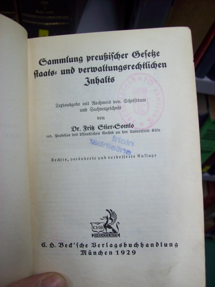 VI 805 f 2.Ex.: Sammlung preußischer Gesetze staats- und verwaltungsrechtlichen Inhalts (1929)