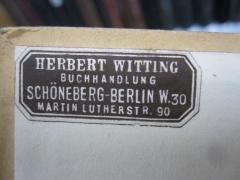 G46 / 3296 (Witting, Herbert (Buchhandlung)), Etikett: Buchhändler, Ortsangabe, Name; 'Herbert Witting
Buchhandlung
Schöneberg-Berlin W.30
Martin Lutherstr. 90'. 