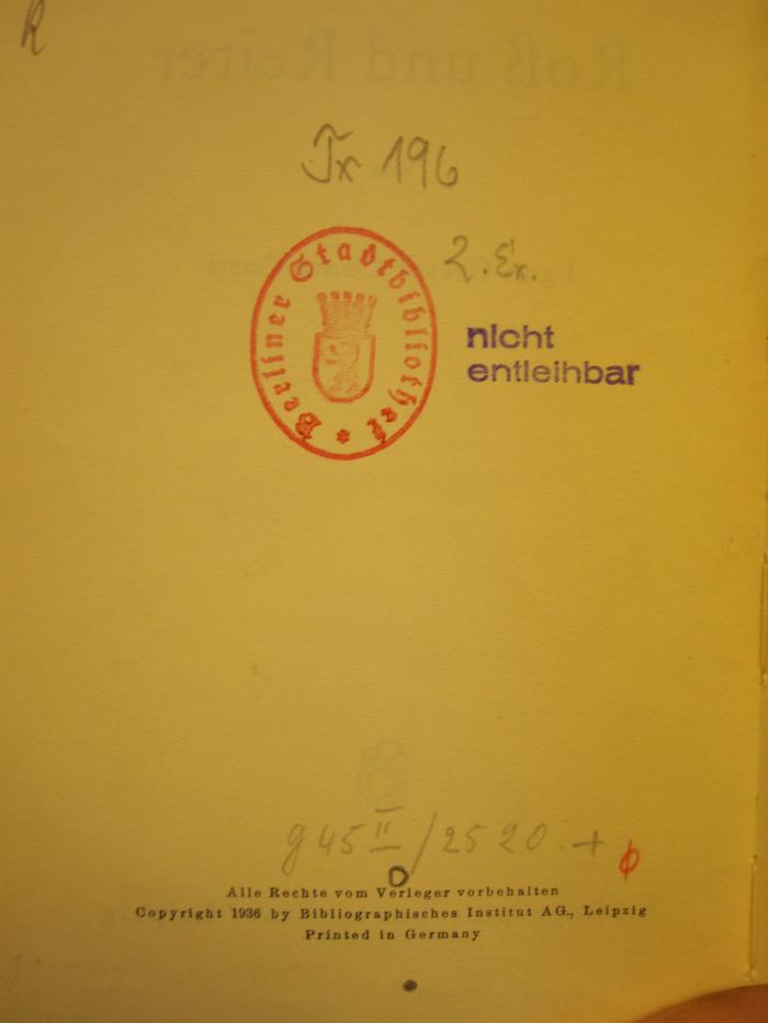 Tx 196 2. Ex.: Roß und Reiter (1936 );G45II / 2520 (unbekannt), Von Hand: Initiale; 'R'. 