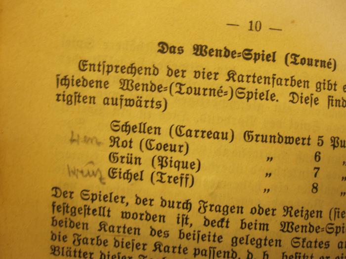Tx 875 g: Der wirklich brauchbare Skat- und Bridgelehrer nebst Anleitung zum Romméspiel (1938);G45II / 612 (unbekannt), Von Hand: Notiz; 'Herz
Kreuz'. 