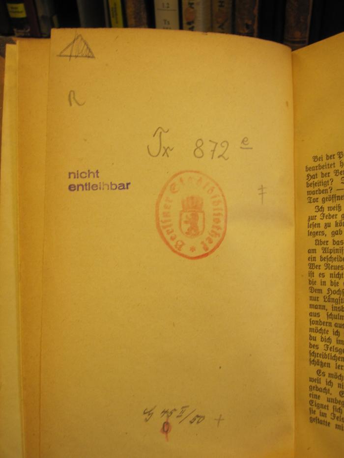 Tx 872 e: Das Klettern im Fels : mit Zeichnungen von Carl Moos (1922);G45II / 50 (unbekannt), Von Hand: Initiale; 'R'. 