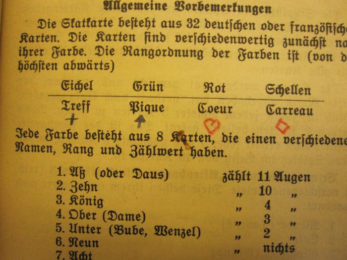 Tx 875 g: Der wirklich brauchbare Skat- und Bridgelehrer nebst Anleitung zum Romméspiel (1938);G45II / 612 (unbekannt), Von Hand: Zeichen, Notiz. 