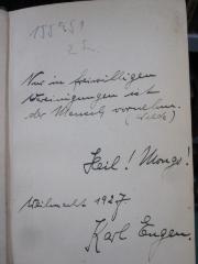 G45 / 269 ([?], Karl Eugen;unbekannt), Von Hand: Name, Motto, Datum, Widmung; 'Nur in freiwilligen Vereinigungen ist der Mensch vornehm. (Wilde)

Heil! Mongo!

Weihnacht 1927.
Karl Eugen.'. 