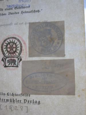 Ka 379: Heimatschutz und Heimatpflege ([1928]);G46 / 3062 (Leibniz-Gymnasium (Berlin)), Stempel: Name, Wappen, Ortsangabe, Berufsangabe/Titel/Branche; 'Leibniz-Gymnasium Berlin'.  (Prototyp)