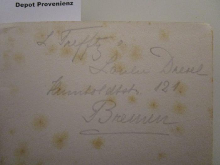  Swan Song ([1928]);- (Trefftz, Lily), Von Hand: Autogramm, Name, Ortsangabe; 'L. Trefftz
Louen[?] Drerel[?]
Humboldtstr. 121
Bremen'. 