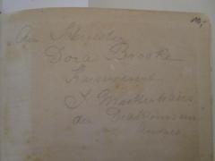 - (Brooke, Dora), Von Hand: Name, Ortsangabe, Berufsangabe/Titel/Branche, Widmung; 'An Schwester
Dora Brooke
Kaiserstreet
c/o Mutterhaus der Diakonissen Anstalt'. 