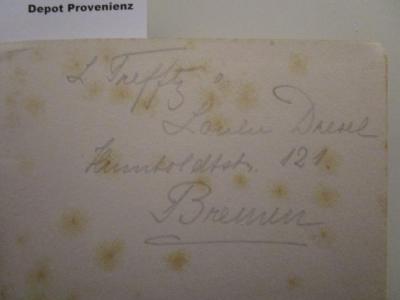  Swan Song ([1928]);- (Trefftz, Lily), Von Hand: Autogramm, Name, Ortsangabe; 'L. Trefftz
Louen[?] Drerel[?]
Humboldtstr. 121
Bremen'. 
